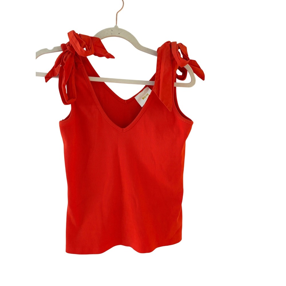 Maeve‎ Anthropologie Rafaela Orange/Red Ribbed Tie Shoulder Tank Top S coquette